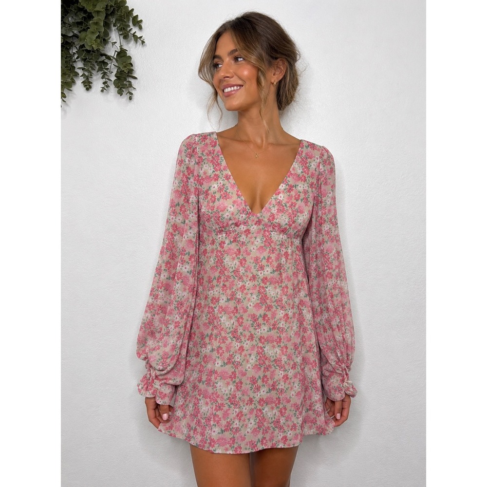 Kiss The Sky Pink Floral V-Neck Open Back‎ Balloon Sleeve Mini Dress Large